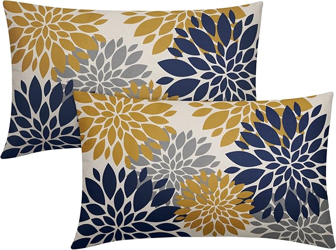 Navy Blue Yellow Pillow Covers 12X20 Inch Set of 2, Modern Geometry Dahlia Floral Print Decorative Rectangle Throw Pillow Covers Outdoor Farmhouse Cushion Case for Home Couch Sofa Bed Decoration