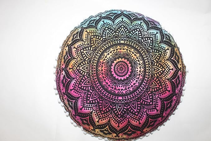 CRAFT KALA Large Round Bohemian Floor Pillow Pouf Cover Mandala Meditation Room Pillow Cover for Adults Boho Seating Poufs Cushion Cover for Kids Playroom 32" Round Multi Ombre