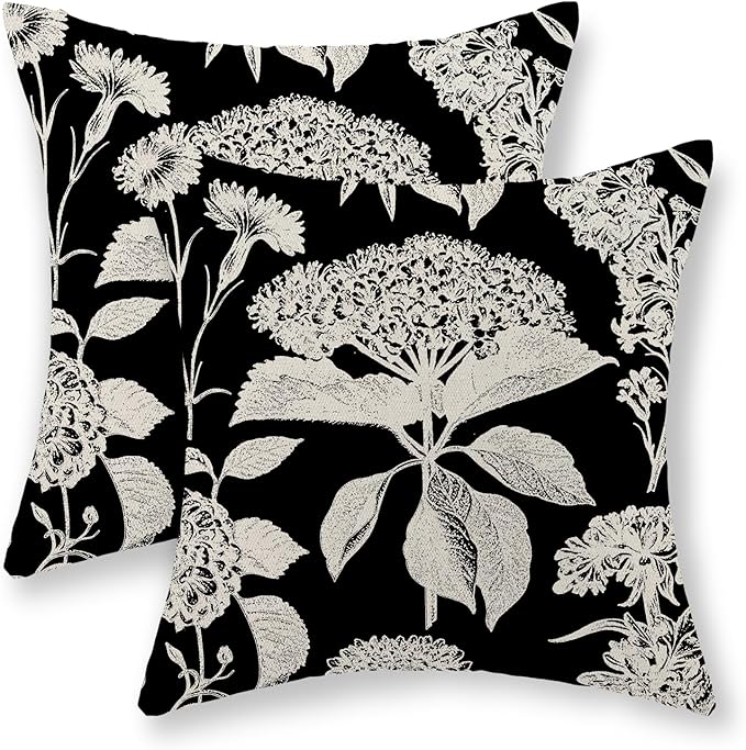 Black Pillow Covers 16x16 Inch Set of 2 Vintage Boho Floral Hydrangea Herbs Botanical Throw Pillows Outdoor Flower Decoration Pillowcase Linen Farmhouse Cushion Case Decorative for Couch Sofa