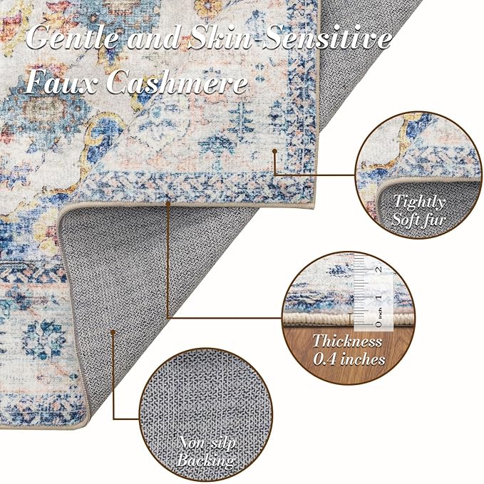 Area Rug 4×6, Vintage Boho Rug,Ultra-Soft Low Pile, Washable, Non Slip,Stain Resistant Printed Carpet for Living Room Bedrooms Playroom Office Kitchen, Blue/Red