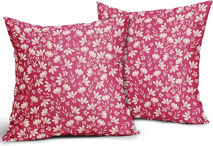 Hot Pink Pillow Covers 18x18 Set of 2 Vintage Floral Rustic Old Style Cute Flower Print Decorative Outdoor Pillowcases Seasonal Farmhouse Throw Cushion Case Decor for Couch Sofa Bed