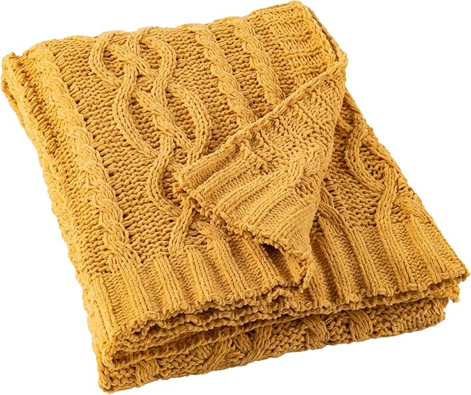 Battilo Mustard Yellow Throw Blanket 51"x67" Chenille Knitted Throw Blanket for Couch, Gold Throw Blankets for Home Decor, Summer Fall Decor Blanket