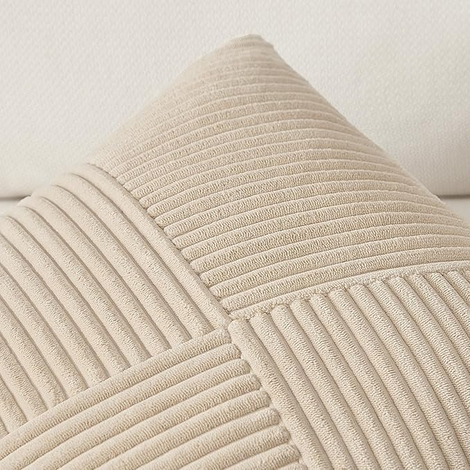 Topfinel 26x26 inches Euro Pillow Covers Set of 2 Tan Corduroy Decorative Throw Pillow Covers for Bedroom Living Room,Windmill Textured Striped Patchwork Beige Couch Pillow Covers 65x65 cm