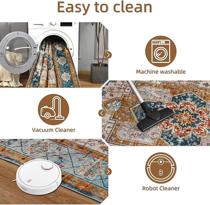 YJ.GWL Area Rugs for Living Room 4x6 Machine Washable Rugs for Bedroom, Non Slip Floral Vintage Rug Indoor Carpet, Stain Resistant Throw Rug for Dining Room Kitchen, Brown Blue