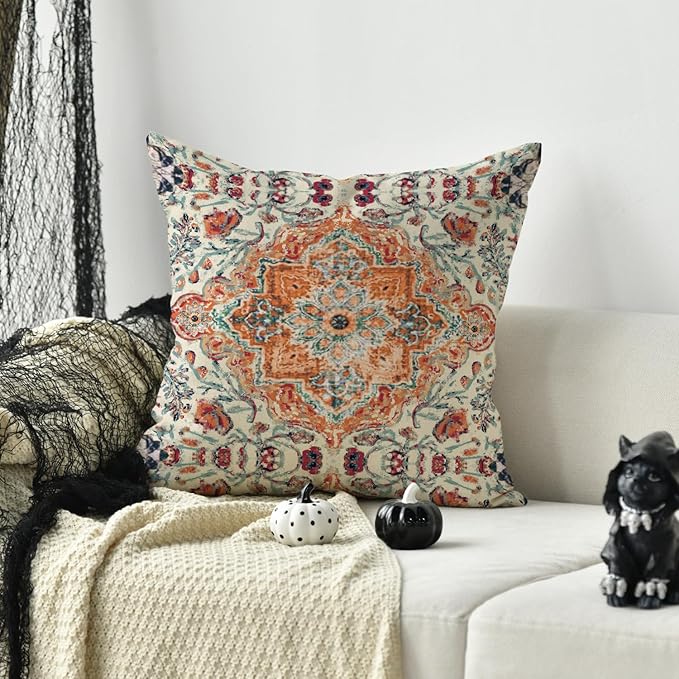 AVOIN colorlife Boho Aesthetic Throw Pillow Cover, 18 x 18 Inch Bohemia Ethnic Style Carpet Pattern Farmhouse Cushion Case for Sofa Couch
