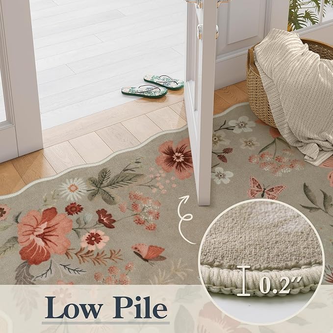 Lahome Floral Washable Rugs for Bedroom, 4X6 Area Rug Ultra-Thin Soft Living Room Rug, Non-Slip Classroom Stain Resistant Lightweight Boho Low-Pile Throw Carpet for ‎Office Flore, Brown