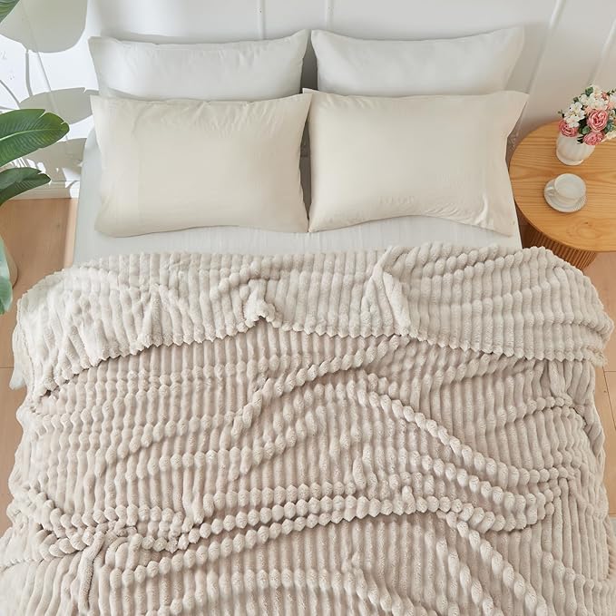 NEWCOSPLAY Super Soft King Blanket Linen Premium Silky Flannel Fleece 3D Ribbed Jacquard Lightweight Bed Blanket All Season Use (Linen Ribbed, King(90"x110"))