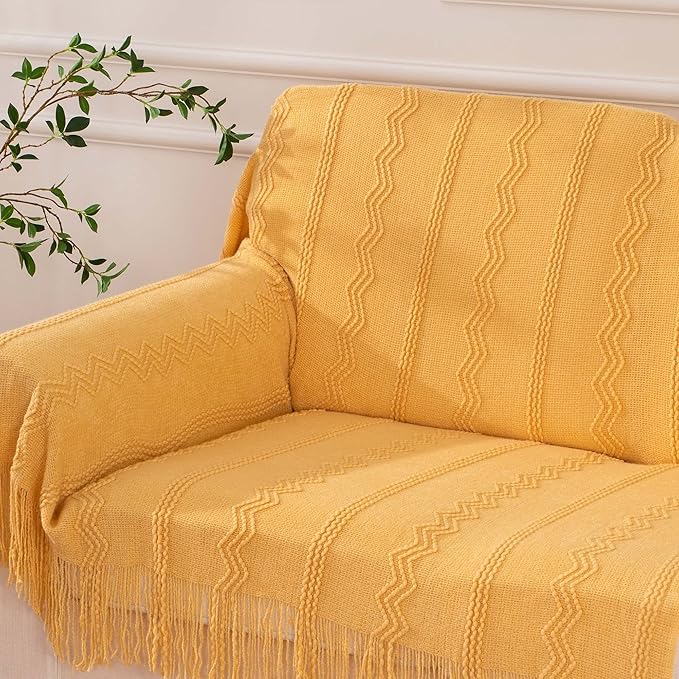 BATTILO HOME Mustard Throw Blanket with Fringe Geometric Bed Yellow Throws Summer Breathable Decorative Large Throw for Couch Sofa Indoor Outdoor (Yellow, 50"x60")