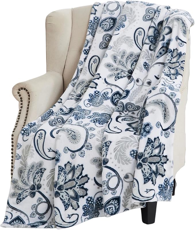 Serafina Home Throw Blanket: Velvety Soft, Durable Fleece Accent for Bed or Couch (Navy Damask and Paisley, 50 x 70 inches)