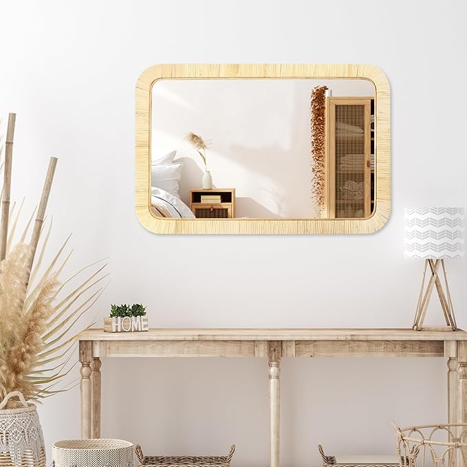 PERFNIQUE Rattan Mirror, 36'' x 24" Rectangle Boho Bathroom Mirror, Decorative Wall Nursery Decor, Rustic Farmhouse Handmade Wicker Mirror for Bathroom Bedroom Entryway Living Room Decor