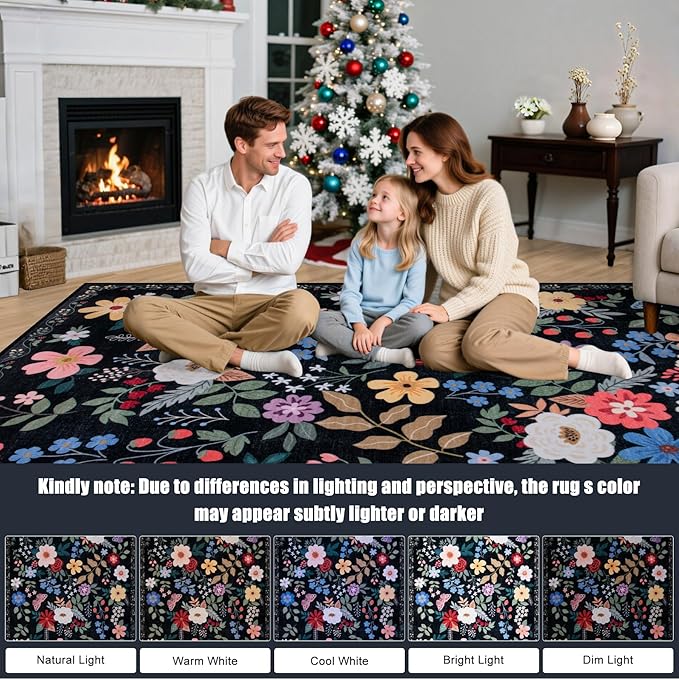 Area Rug Living Room Rugs: Floral 5x7 Washable Rug Vintage Soft Boho Non-Slip Carpet Indoor Floor Stain Resistant Large Carpets for Bedroom Dining Room Farmhouse Nursery Hallway Home Office Black