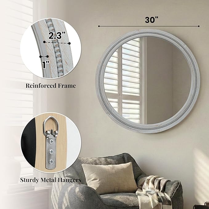 30 Inch Round Farmhouse Mirror for Bathroom Vanity, Distressed Grey Solid Wood Wall Mirror - Rustic Weathered Gray Beaded Circle Mirror for Industrial Decor