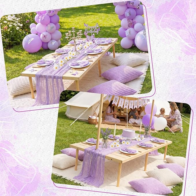 91 x 71 Extra Large Outdoor Boho Picnic Blanket with Purple Table Runner, 6 Throw Pillow Covers 6 Napkins Woven Cotton Yarn Oversize Beach Blanket Washable Picnic Camp Wedding
