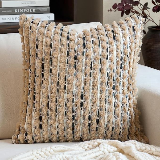 Aeckself Handmade Boho Chenille Tufted Pillow Cover 18x18 Inch, Decorative Square Throw Pillow Cover Neutral Pillowcase for Couch Bedroom Living Room, Brown Blue