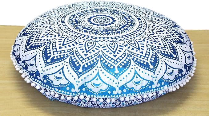 ICC 32" Blue Mandala Floor Pillow Cushion Cover Seating Throw Cover Hippie Decorative Bohemian Ottoman Poufs Cover, Pom Pom Pillow Cases, Boho Indian