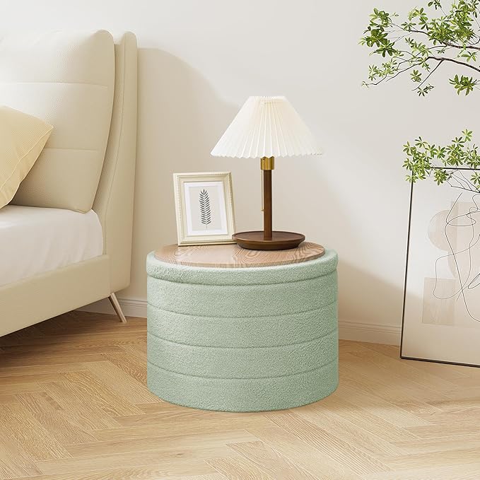 PINPLUS Round Ottoman with Storage, Foldable Sherpa Ottoman Stool with Tray,Boucle Foot Rest for Living Room, Bedroom, Dorm(Green)