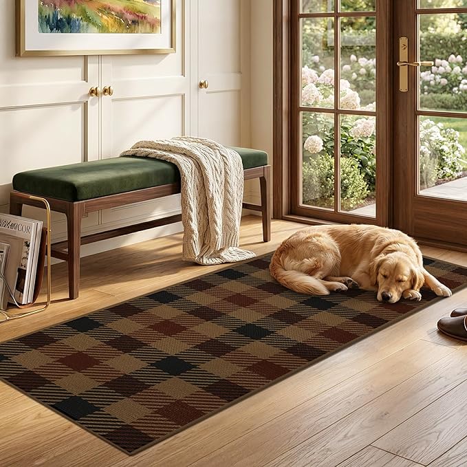 JTJ 2x6 Easy Jute Runner for Indoor Entrance - Outdoor Runner Rug for Patio, Kitchen Runners Non Skid Washable 6ft - Vintage, Mudroom, Washable Stain Resistent Carbin Brown and Red Checkered Décor