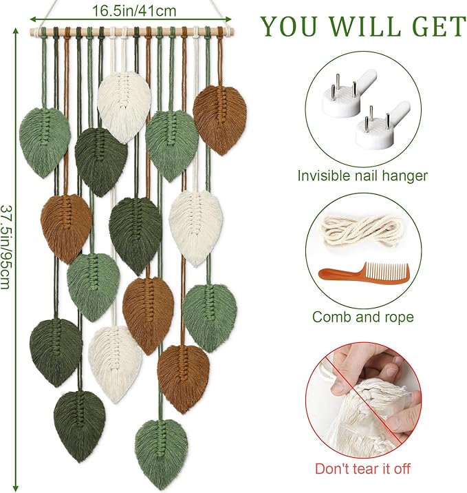 KHOYIME Vertical Macrame Wall Hanging Boho Home Decor, Long Narrow Chic Wall Art Bohemian Woven Leaves Tapestry Vintage Decorations for Front Door Indoor Entrance Living Room Bedroom 16.5"W x 37.5"L