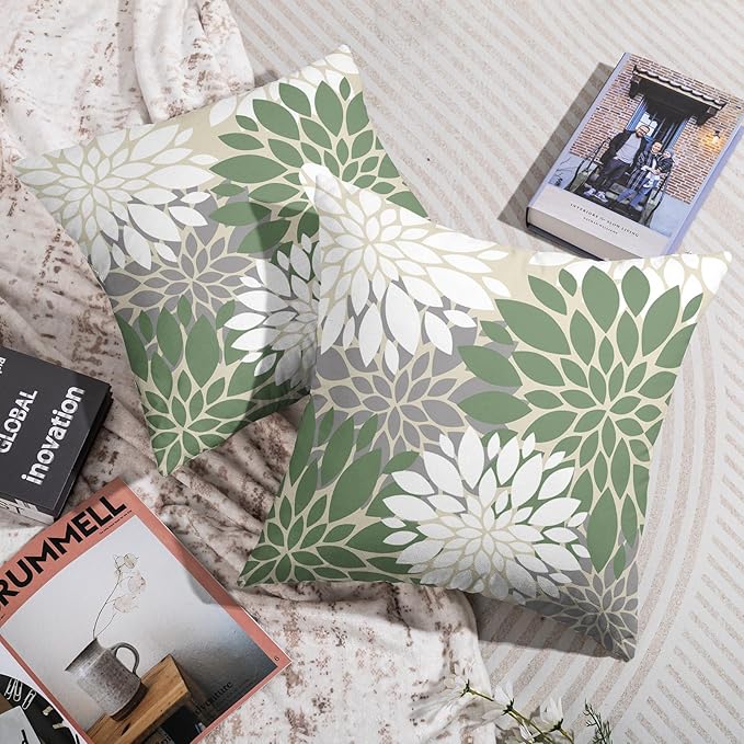 Sage Green White Grey Gray Pillow Covers 18X18 Inch Set of 2, Spring Modern Geometry Dahlia Floral Print Decorative Throw Pillow Covers Outdoor Farmhouse Cushion Case for Couch Sofa Bed Decor