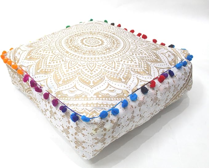 CRAFT KALA 24" Square Large Hippie Mandala Meditation Floor Ottoman Pillow Cushion Pouf Cover Square Poufs Bohemian Circle Floor Cushion Case Outdoor Fireplace Living Room Decor Cover Golden Ombre