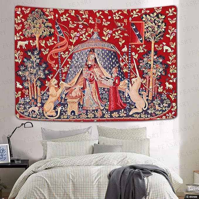 FEASRT European Medieval Royal Tapestry Maiden and Unicorn Tapestry Lady Tapestry, 60x40 Inches Soft Flannelette, for Medieval Art Collection of Decorative Wall Tapestry