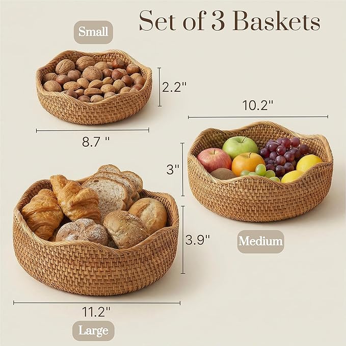 8.7” Small Basket Wicker, Rattan Serving Bowl Bowls, Small Decorative Tray, Natural Handwoven Basket, Entryway Nightstand Dining Room Kitchen Counter Table Coffee Organizing Snack Pastries Jewry