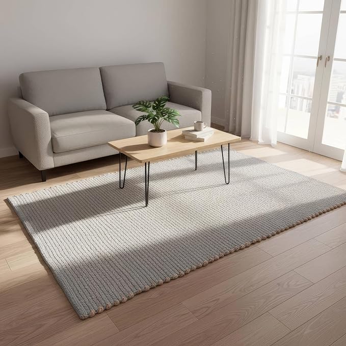 Hand Woven Jute Cotton Area Rug 4x6 Light Gray – Artisan-Made in India, Durable & Reversible, Heavy Quality, Natural Fiber Carpet