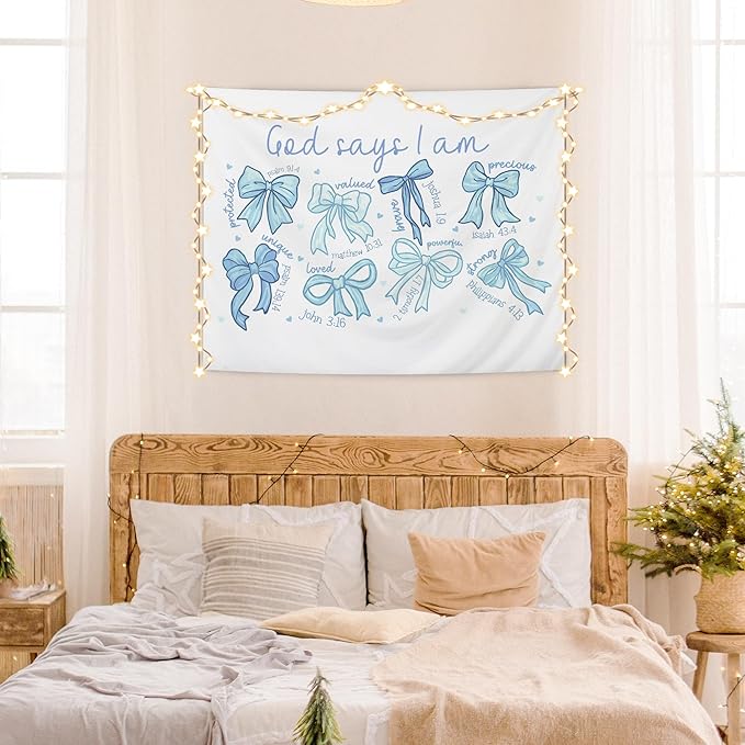AQYIP Light Blue Bows Coquette Tapestry, God Says I Am Inspirational Bible Verse Tapestry, Blue Girly Christian Wall Blanket Decor for Girls Room Dorm Apartment, 50x60 Inch