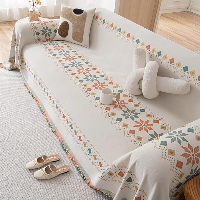 VClife Boho Couch Cover White Geometric Jacquard Sofa Cover 1 Piece Large Couch Covers for 2 Cushion Couch Sofa Washable Plush Chenille Sofa Protector for Living Room Bedroom 71x118 Inch