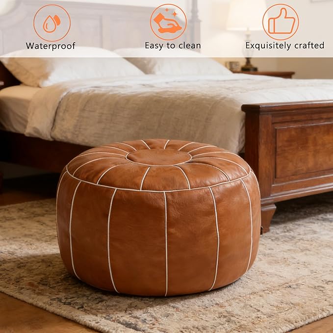 Thgonwid Unstuffed Moroccan Storage Pouf Foot Stool Ottoman Seat Handmade Faux Leather Bean Bag Floor Chair Foot Rest for Living Room, Bedroom or Balcony (Brown)