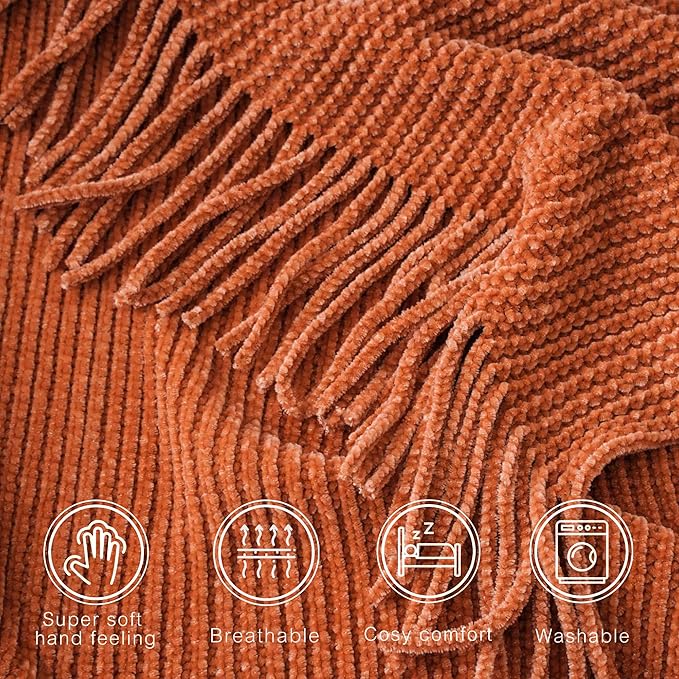 BATTILO HOME Rust Orange Throw Blanket for Couch, Soft Chenille Knit Throws with Tassels for Home Decor, Spring Caramel Throws for Couch Cover, 50"x60"