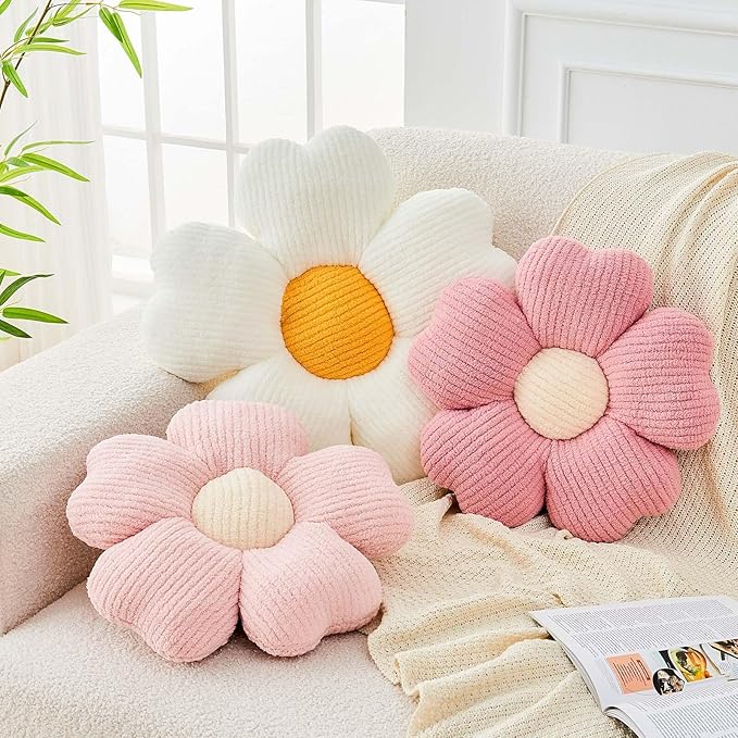 Flower Throw Pillow, Cute Flower Shaped Pillow Decorative Throw Pillow for Bed Couch, Soft Daisy Pillows Floor Seating Cushion Cushions (19.6 Inch White+Yellow)