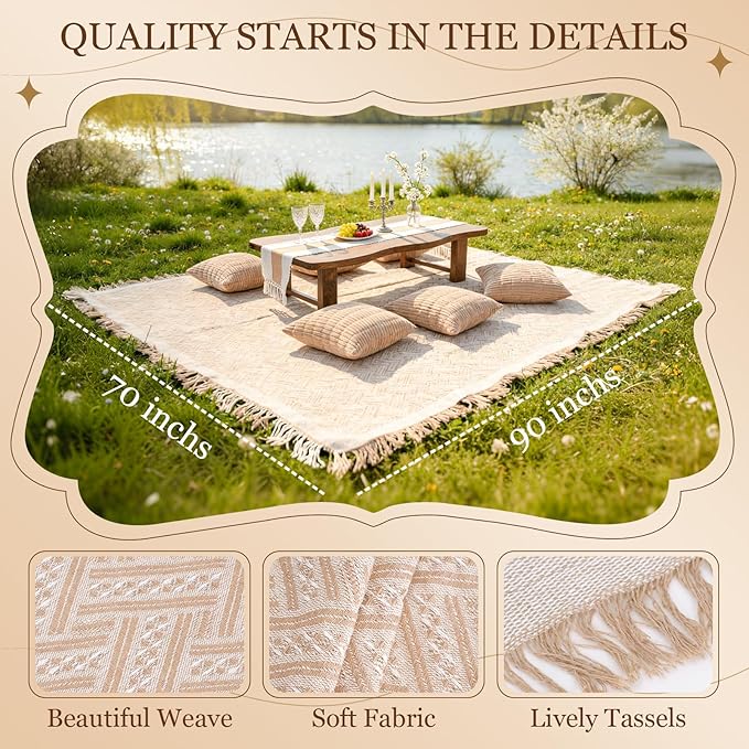 Extra Large Outdoor Boho Picnic Blanket with Table Runner and 6 Throw Pillows Covers Wedding Party Decoration Photoshoot Home Garden Party Decor Patio Lawn Outdoor Mat Beach Party theme Supplies White