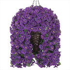 HyeFlora Artificial Faux Hanging Flowers Plants Basket for Outdoor Outside Porch Decoration, UV Resistant Fake Silk Purple Morning Glory Trailing Vines Realistic for Summer Home Balcony Yard Patio