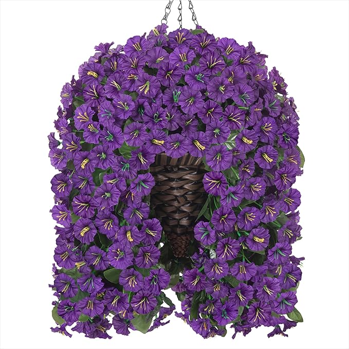 HyeFlora Artificial Faux Hanging Flowers Plants Basket for Outdoor Outside Porch Decoration, UV Resistant Fake Silk Purple Morning Glory Trailing Vines Realistic for Summer Home Balcony Yard Patio