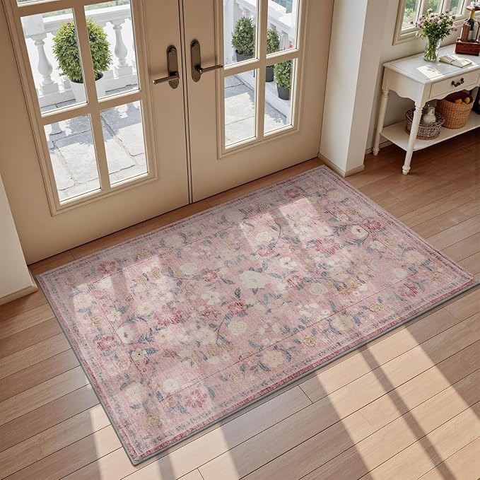 AMOAMI Front Door Mat Indoor Entrance, 2x3 Machine Washable Floral Rugs for Entryway Rug Non Slip Ultra-Thin Soft Boho Small Area Rug Low Pile Throw Rugs for Entrance Kitchen Bathroom, Pink