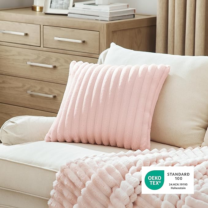 Bedsure Double-Side Striped Throw Pillow Covers 18x18 Set of 2, Spring Fluffy Crystal Pink Soft Decorative Pillow Covers, Home Decor for Couch Sofa Living Room Bedroom