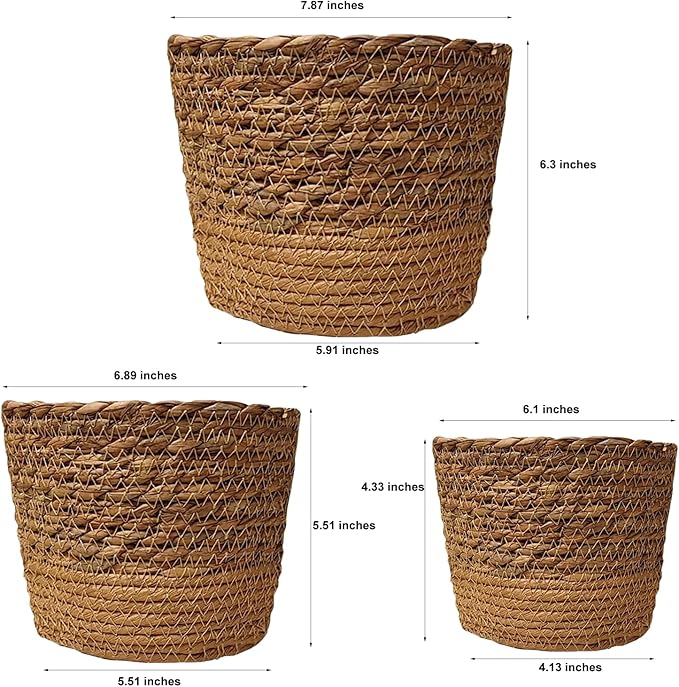 3PCS Plant Basket Indoor with Plastic Liner Water Hyacinth Woven Planters Flower Baskets Holder Liners Home Decor