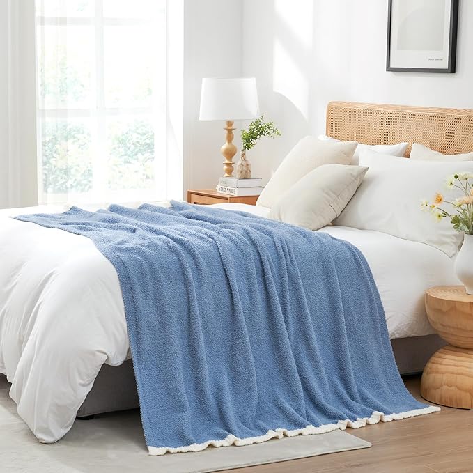 Snuggle Sac Blue Bedding Blankets Queen Size 90x90 inches, Reversible Microfiber Fluffy Fuzzy Soft Throw Cozy Knit Blanket for Women Mothers Birthday Gifts