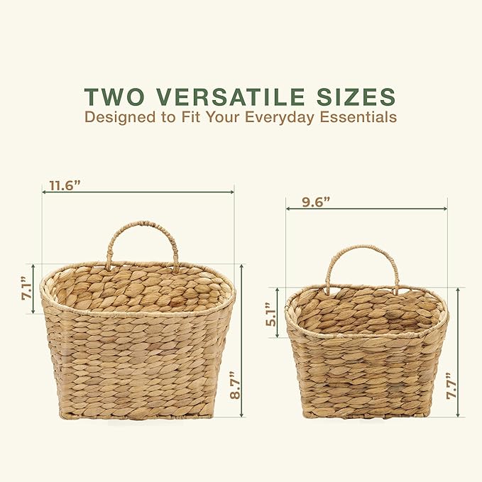Set of 2 Wicker Hanging Basket for Organizing, Front Door, Mail, Flowers - Woven Wall Baskets for Storage (Hyacinth Natural – Solid Weave)