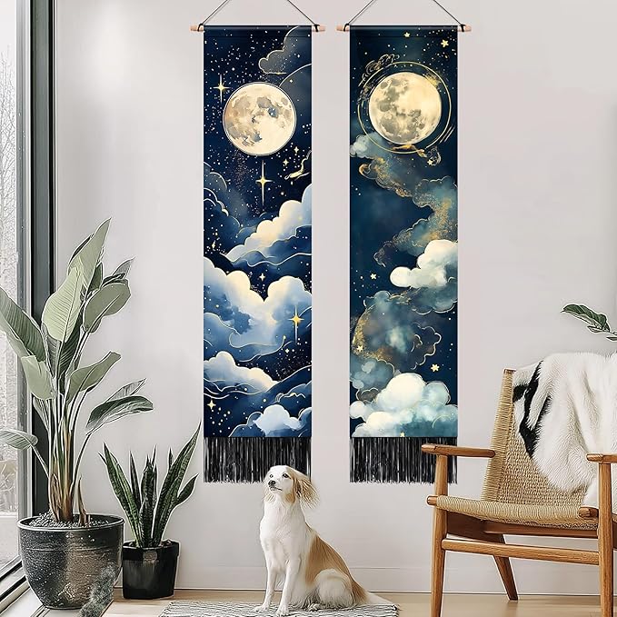 AOHMPT Pack of 2 Long Vertical Tapestry,Nature Landscape Tapestry with Serene Mountain River, Moon & Sun Motifs,Traditional Ink Painting Wall Art , Zen Aesthetic Wall Hanging for Living Room Bedroom Decor 13" W x 51" H"