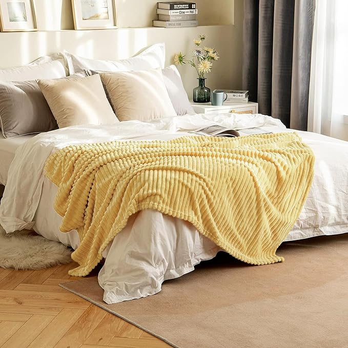 MIULEE Light Yellow Throw Blanket 3D Ribbed Jacquard Fleece Flannel Velvet Plush Decorative Bed Blanket (Throw, 50" x 60") - Super Soft, Lightweight, Warm and Cozy for Couch Sofa