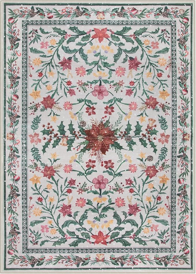 Lahome 5x7 Christmas Rug for Living Room, Boho Soft Rugs for Bedroom Decor Aesthetic, Washable Holly Berries Area Rug for Dining Room Fireplace Apartment Rustic Decor