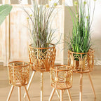 Rattan Indoor Plant Stand Straw Woven Flowers Pot Holder Stool With Legs Floor Planter Baskets Rack Wooden Plant Shelf