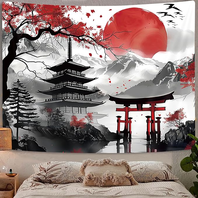 GOAOK Japanese Anime Tapestry, Cool Japan Cherry Blossom Floral Mountain Sun Asian Oriental Abstract Art Tapestry Wall Hanging for Men, Red and Black Small Tapestries Aesthetic for Living Room, 40x30