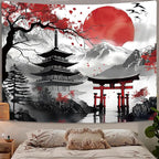 Japanese Anime Tapestry, Cool Japan Cherry Blossom Floral Mountain Sun Asian Oriental Abstract Art Tapestry Wall Hanging for Men, Red and Black Tapestries Aesthetic for Living Room College, 60x40