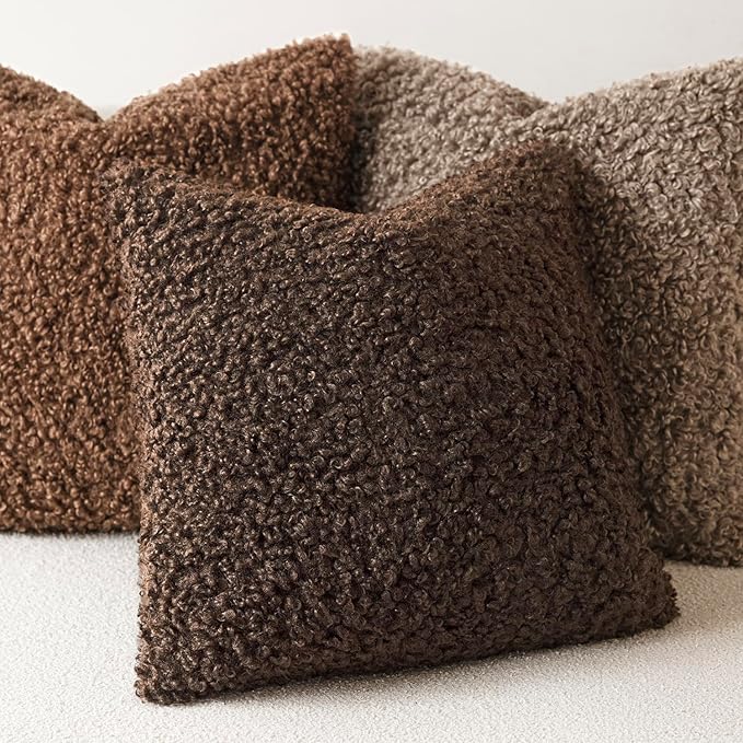 Foindtower Set of 2 Curly Teddy Wool Pillow Covers Decorative Boucle Textured Lumbar Throw Pillow Faux Fur Sherpa Pillowcases Sheepskin Fuzzy Cushion Case for Sofa Bedroom Car 12"x20" Dark Brown