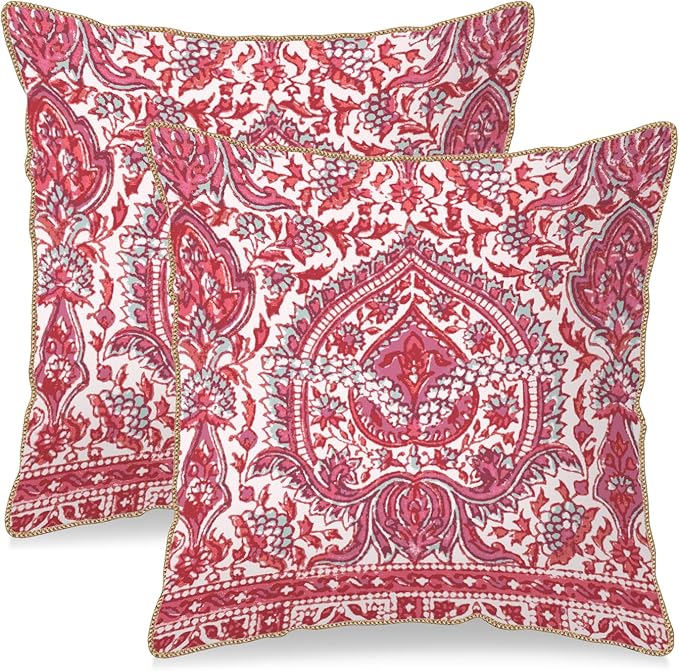KSLIDS Pink Teal Flower Soft Velvet Throw Pillow Covers Set of 2 Boho Ethnic Red Foral Decorative Pillow Covers 20x20 Inch Bohemian Farmhouse Pillow Case for Sofa Couch Living Room Home Decor