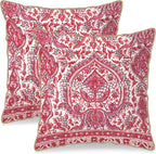 KSLIDS Pink Teal Flower Soft Velvet Throw Pillow Covers Set of 2 Boho Ethnic Red Foral Decorative Pillow Covers 18x18 Inch Bohemian Farmhouse Pillow Case for Sofa Couch Living Room Home Decor