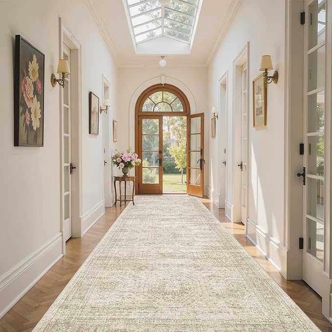 4x12 Wide Hallway Runners: Washable 12ft Runner Rug for Entryway Living Room Soft Vintage Non Slip Carpet Runner for Kitchen Dining Room Nursery Bedroom (Beige, 4x12ft)